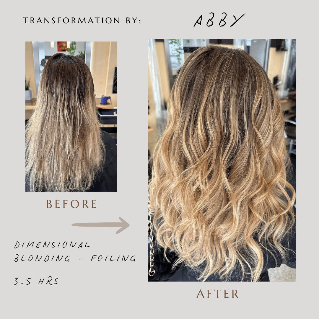 Balayage and dimensional color before and after by Abby Abraham