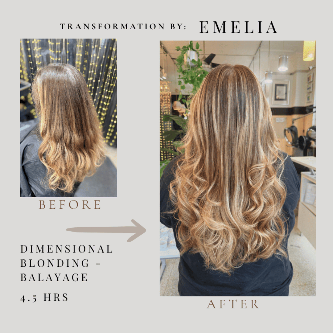 Balayage before and after — dimensional blonding by Emelia